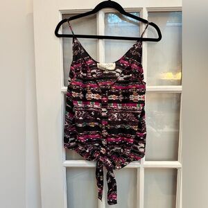 Rory Beca Pink & Black 100% Silk Boho Southwestern Aztec Tie Blouse Top Size M